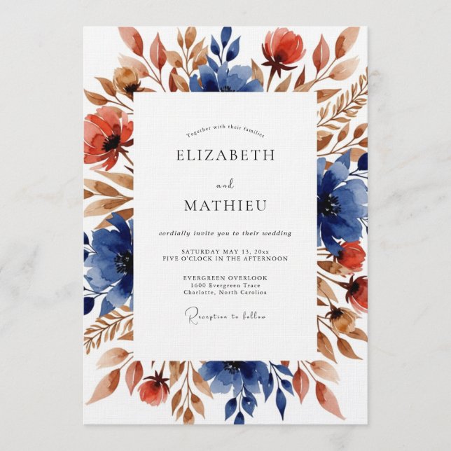 Navy & Rust Floral Autumn Wedding Invitation (Front)