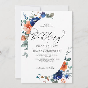 Navy Rust Orange Burnt Floral Watercolor Wedding Invitation