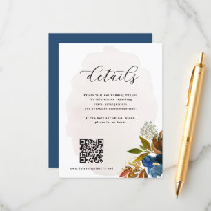 Navy & Rust Watercolor Boho Floral QR Code Wedding Enclosure Card