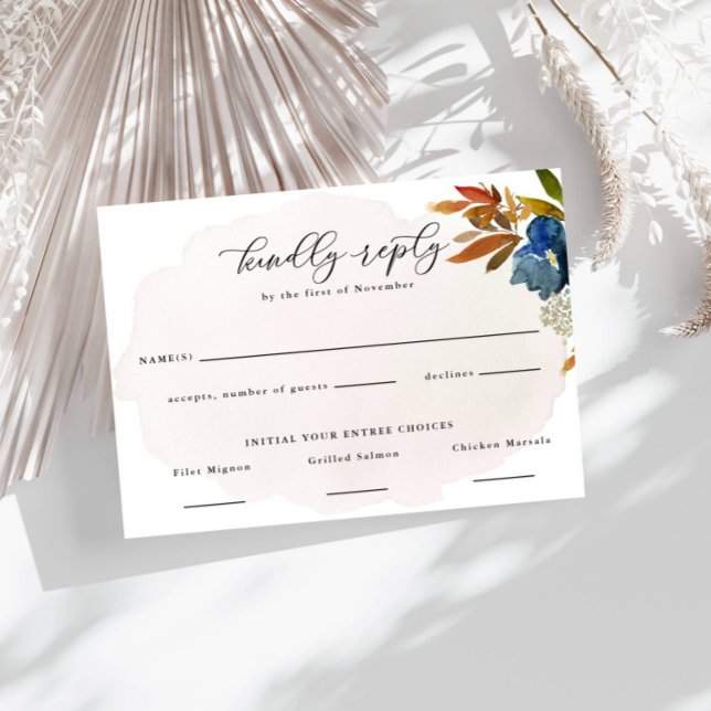 Navy & Rust Watercolor Boho Flowers Food Choice RSVP Card (Creator Uploaded)