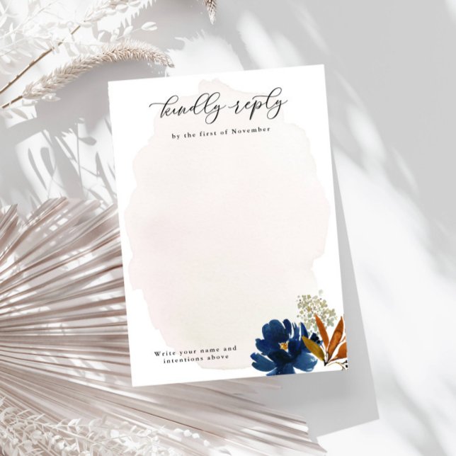 Navy & Rust Watercolor Boho Flowers Vertical Blank RSVP Card (Creator Uploaded)