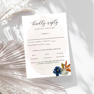 Navy & Rust Watercolor Boho Flowers Vertical Food RSVP Card