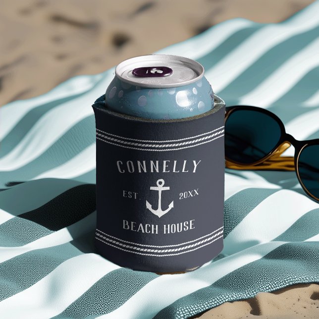 Navy Rustic Anchor Personalised Beach House Can Cooler (Creator Uploaded)