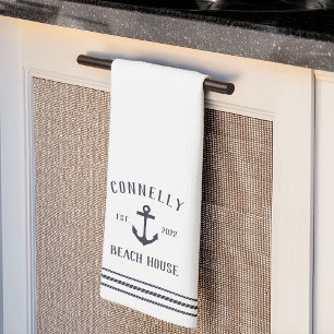 Navy Rustic Anchor Personalised Beach House Tea Towel