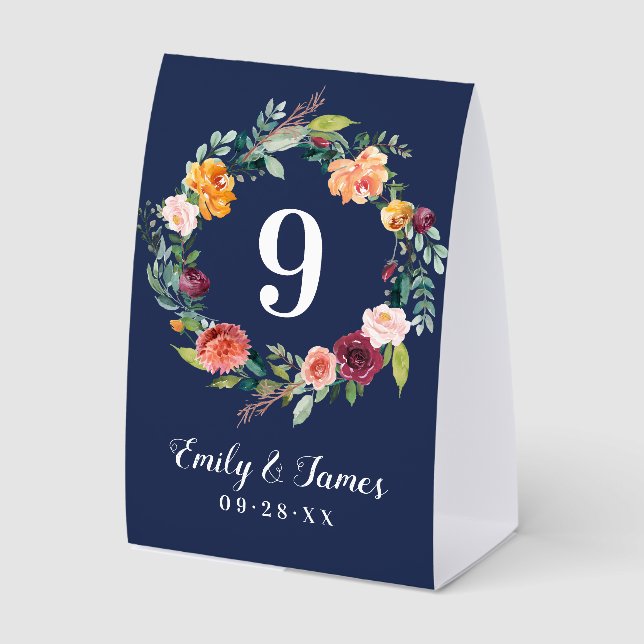 Navy Rustic Burgundy Fall Floral Wedding Monogram (Front)