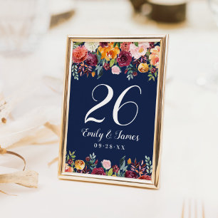 Navy Rustic Burgundy Fall Floral Wedding Monogram Table Number