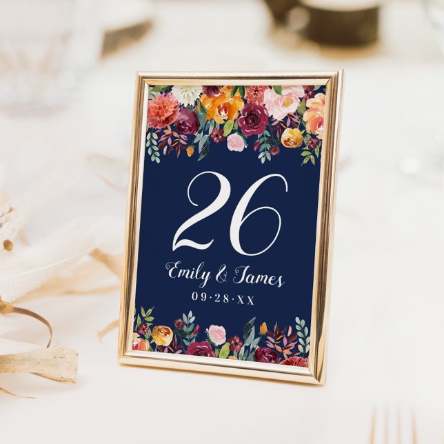 Navy Rustic Burgundy Fall Floral Wedding Monogram Table Number (Creator Uploaded)