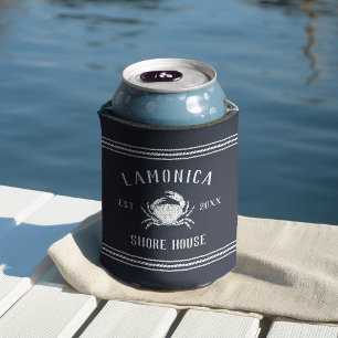 Navy Rustic Crab Personalised Shore House Can Cooler