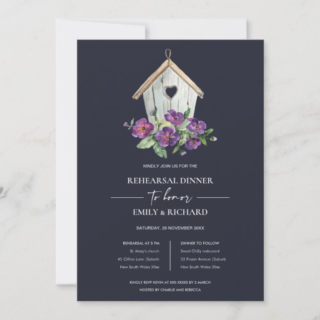 NAVY RUSTIC FLORAL BIRDHOUSE REHEARSAL DINNER INVITATION (Front)