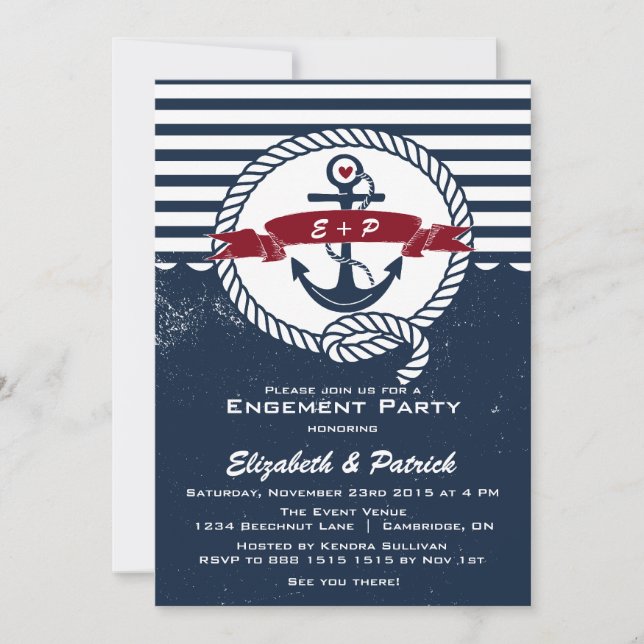 Navy Rustic Nautical Engagement Party Invitation (Front)