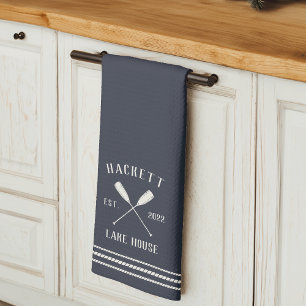 Navy Rustic Oars Personalised Lake House Tea Towel