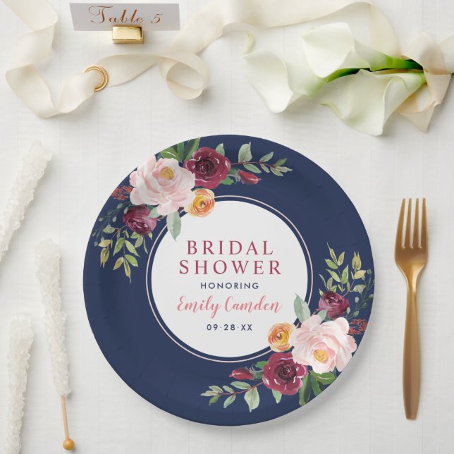 Navy Rustic Pink Burgundy Floral Bridal Shower Paper Plate (Wedding)