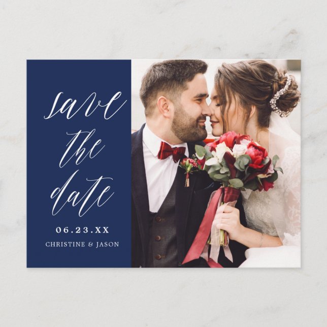 Navy Rustic Script Couple Photo Save the Dates Announcement Postcard (Front)