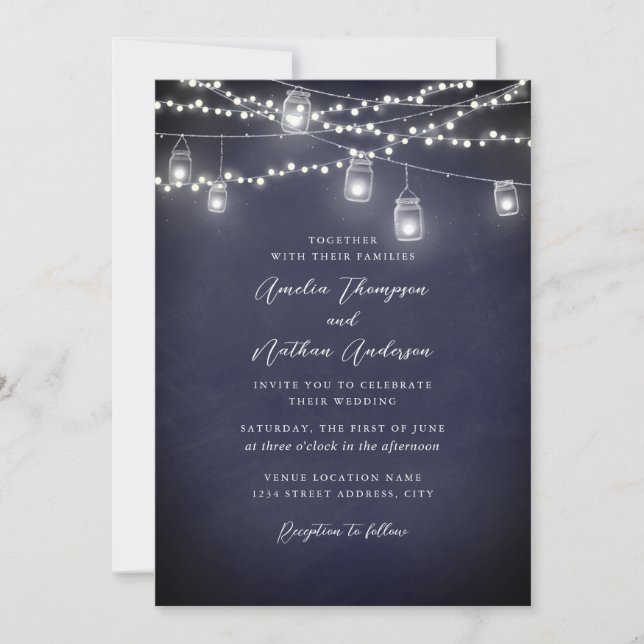 Navy Rustic String Lights Wedding Invitation (Front)