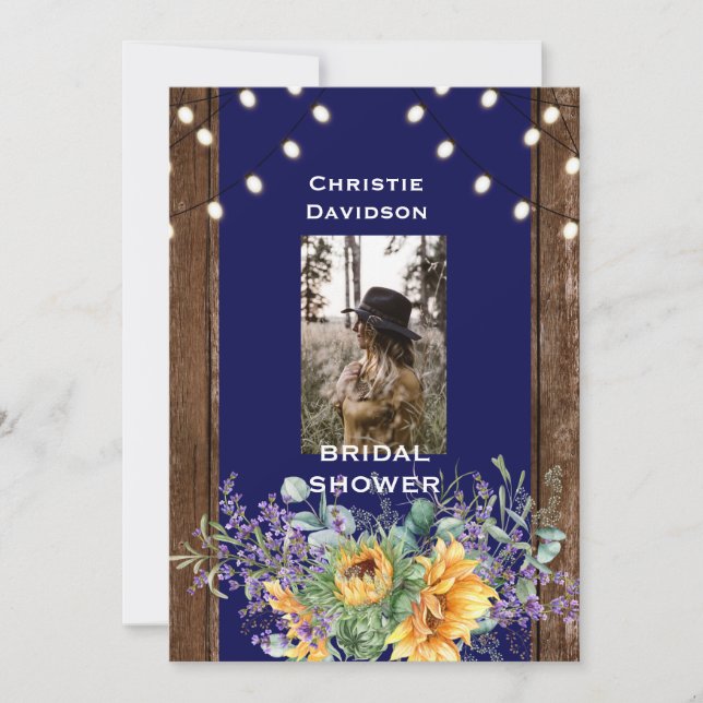 Navy Rustic Sunflower Photo Lights Bridal Shower  Invitation (Front)