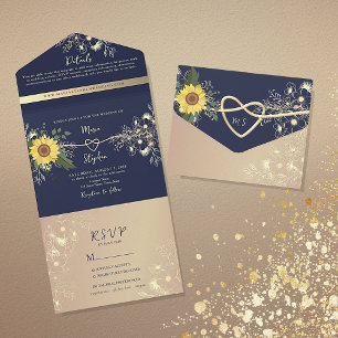 Navy Rustic Sunflower Wedding  All In One Invitation