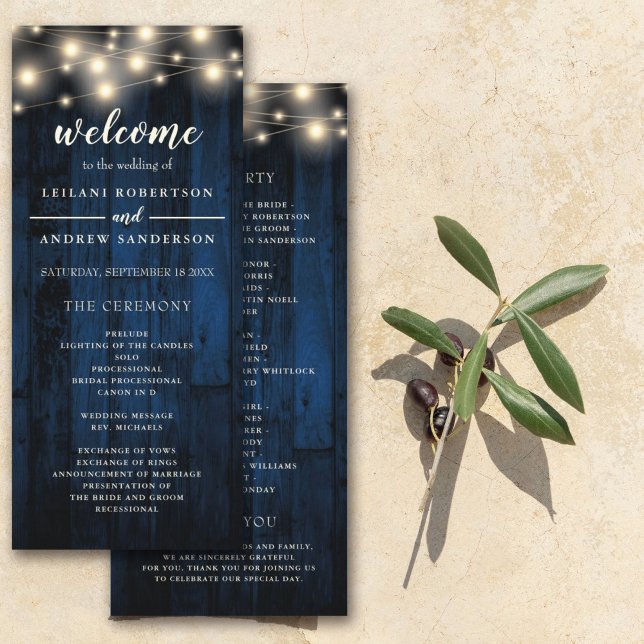 Navy Rustic Wood String Light Wedding Program (Creator Uploaded)
