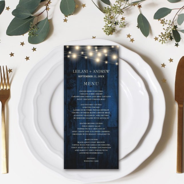 Navy Rustic Wood String Lights Wedding Menu (Creator Uploaded)