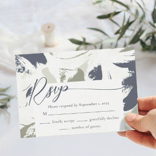 Navy Sage Abstract Floral Wedding RSVP Card