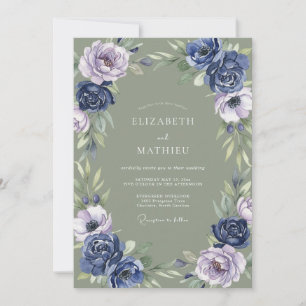 Navy Sage Green Moody Botanical Wedding Invitation