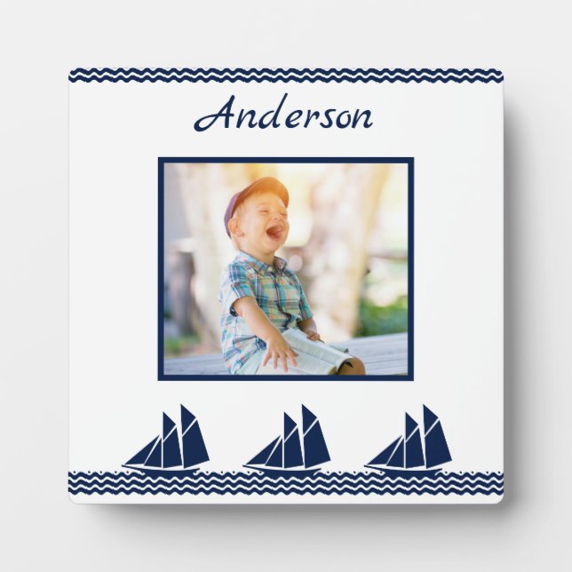 Navy Sailboat waves Blue Nautical Photo Frame (Front)