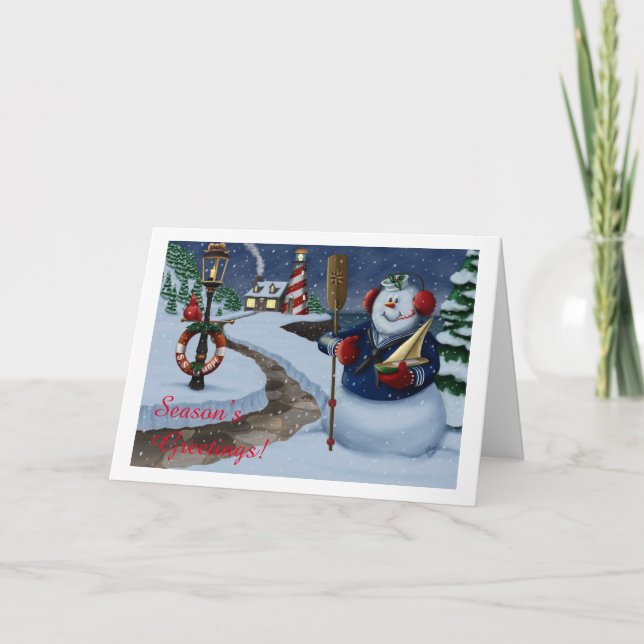 Navy Sailor Snowman At Lighthouse Holiday Card (Front)