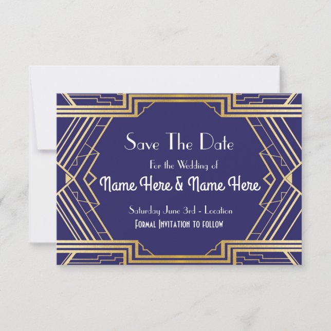 Navy Save The Date Wedding Party Gold Invites (Front)