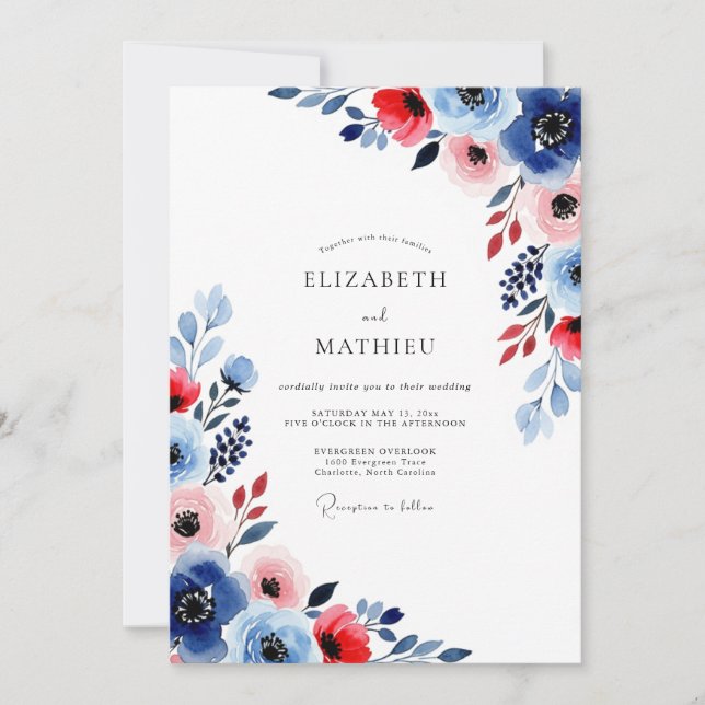 Navy Scarlet Lively Summer Wedding Invitation (Front)