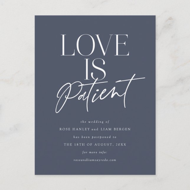 Navy Script Love Wedding Postponed Change the Date Postcard (Front)