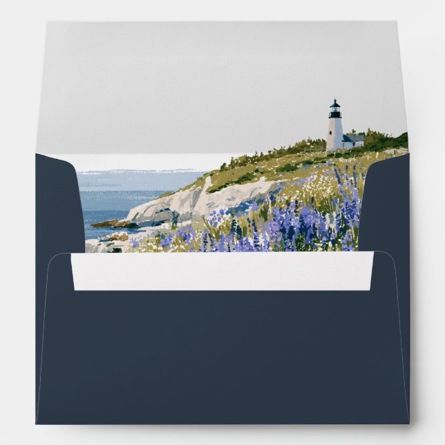Navy Script Lupine Maine Wedding Return Address Envelope (Back (Bottom))