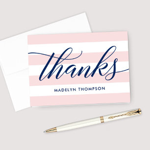 Navy Script Pale Pink Stripes Wedding Thank You Card