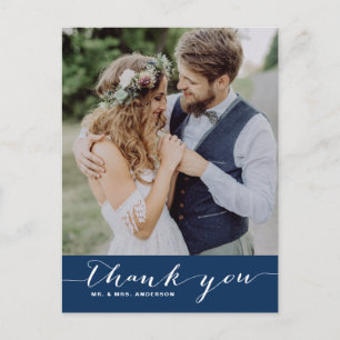 Navy   Script Wedding Thank You Vertical Postcard