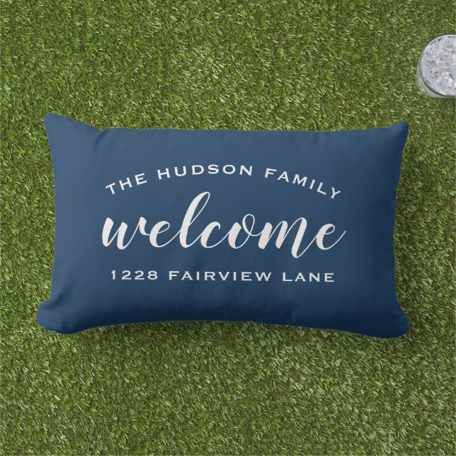 Navy Script Welcome Monogram Porch Lumbar Cushion (Grass)