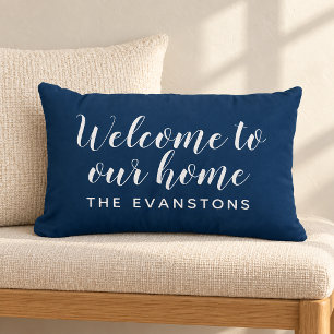 Navy Script Welcome to Our Home Lumbar Cushion
