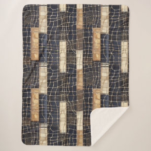 Navy Sea Blue Cream Brown Rectangles Sherpa Blanket