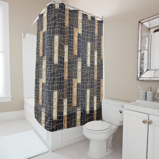 Navy Sea Blue Cream Brown Rectangles Shower Curtain (In Situ)