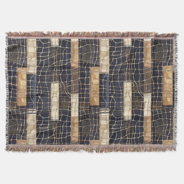 Navy Sea Blue Cream Brown Rectangles Throw Blanket (Front)