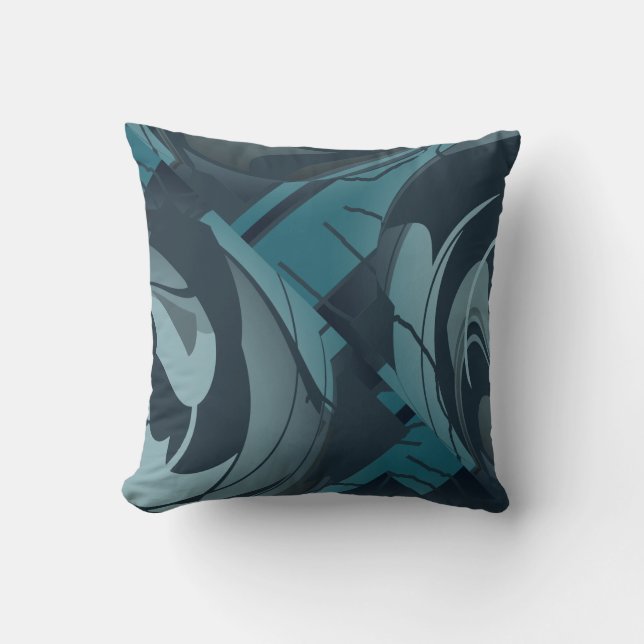 Navy Seafoam Grey Mediterranean Floral Design Cushion (Front)