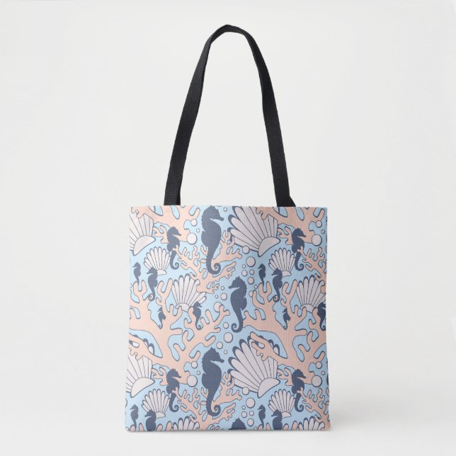 Navy Seahorse Gardens Tote Bag (Front)