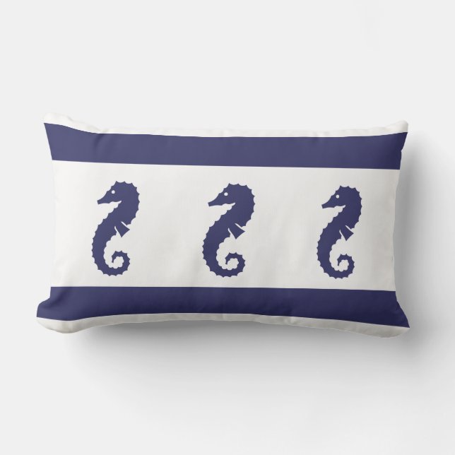 navy  SEAHORSE  on  white  PILLOW coastal living (Front)
