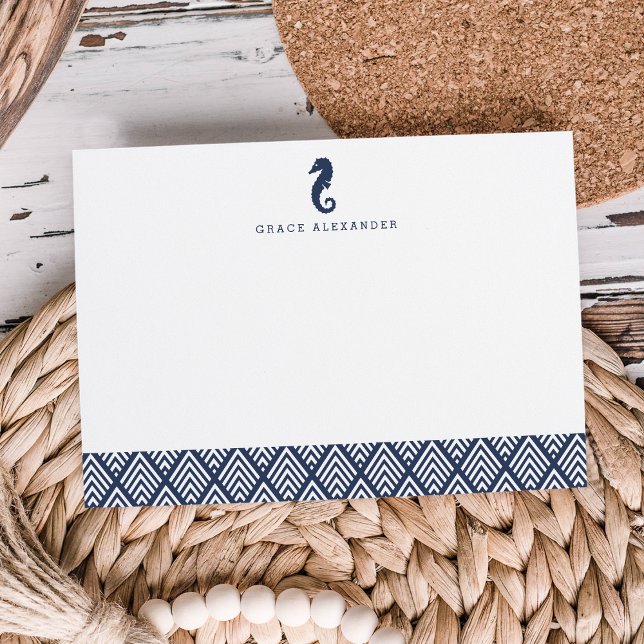 Navy | Seahorse Personalized Stationery Flat Card (Creator Uploaded)