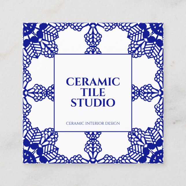 Navy Seamless Mosaic Tile Pattern Ornament Square Business Card (Front)