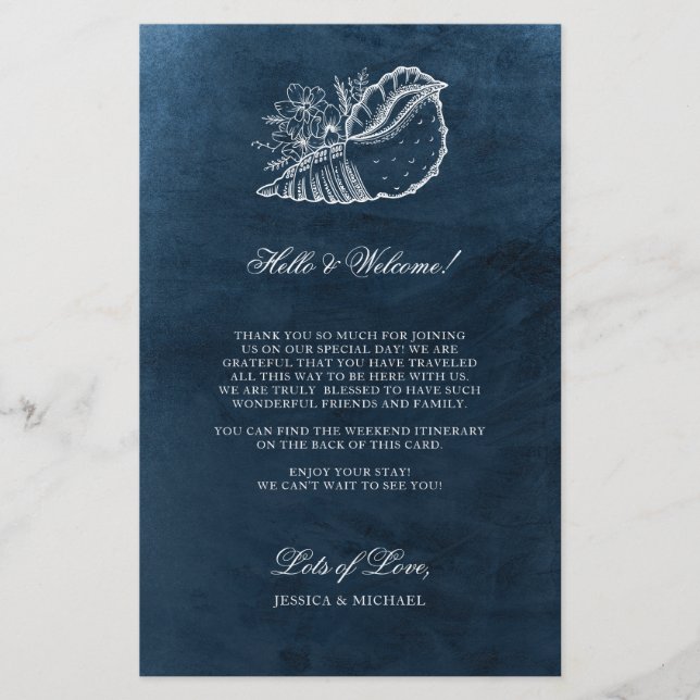 Navy Seashell Beach Wedding Welcome Itinerary (Front)