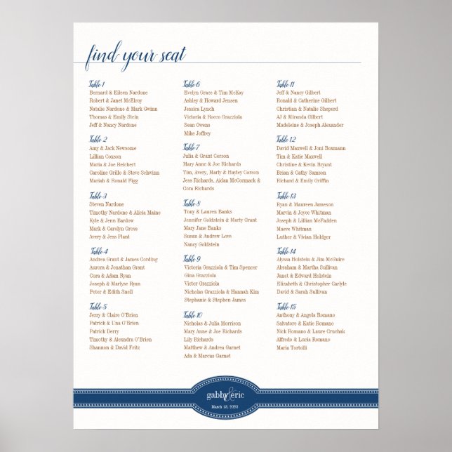 Navy Seating Chart, Caroline Wedding Collection Poster (Front)