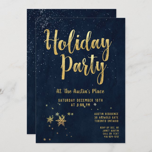 Navy & Shimmering Gold Calligraphy Holiday Party Invitation (Front/Back)