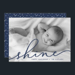 Navy | Shine Script Hanukkah Photo Holiday Card<br><div class="desc">Share holiday greetings with these chic Hanukkah photo cards featuring your favourite full bleed horizontal or landscape orientated photo. "Shine" appears as a navy blue text overlay in elegant hand lettered script typography. Personalise with your names and the year along the bottom. Cards reverse to matching dark blue with a...</div>