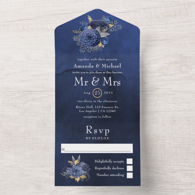 Navy, Silver and Gold Floral Wedding All In One In Invitation (Inside)