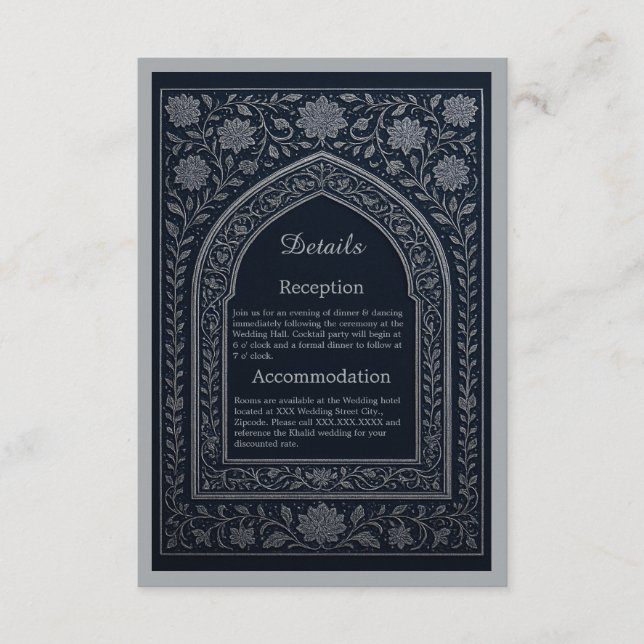 navy silver Arabic arch Wedding Enclosure Card (Front)