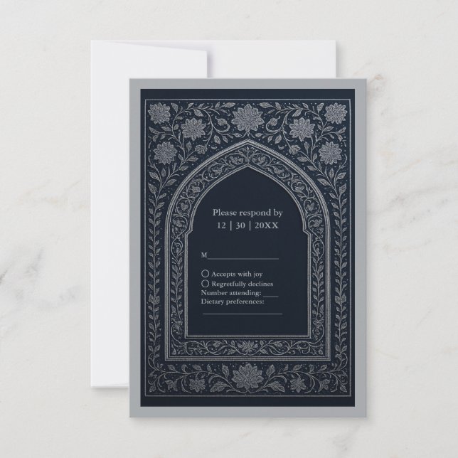navy silver Arabic arch Wedding RSVP Card (Front)