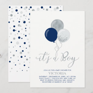 Navy & Silver Balloons   It's a Boy Baby Shower Invitation